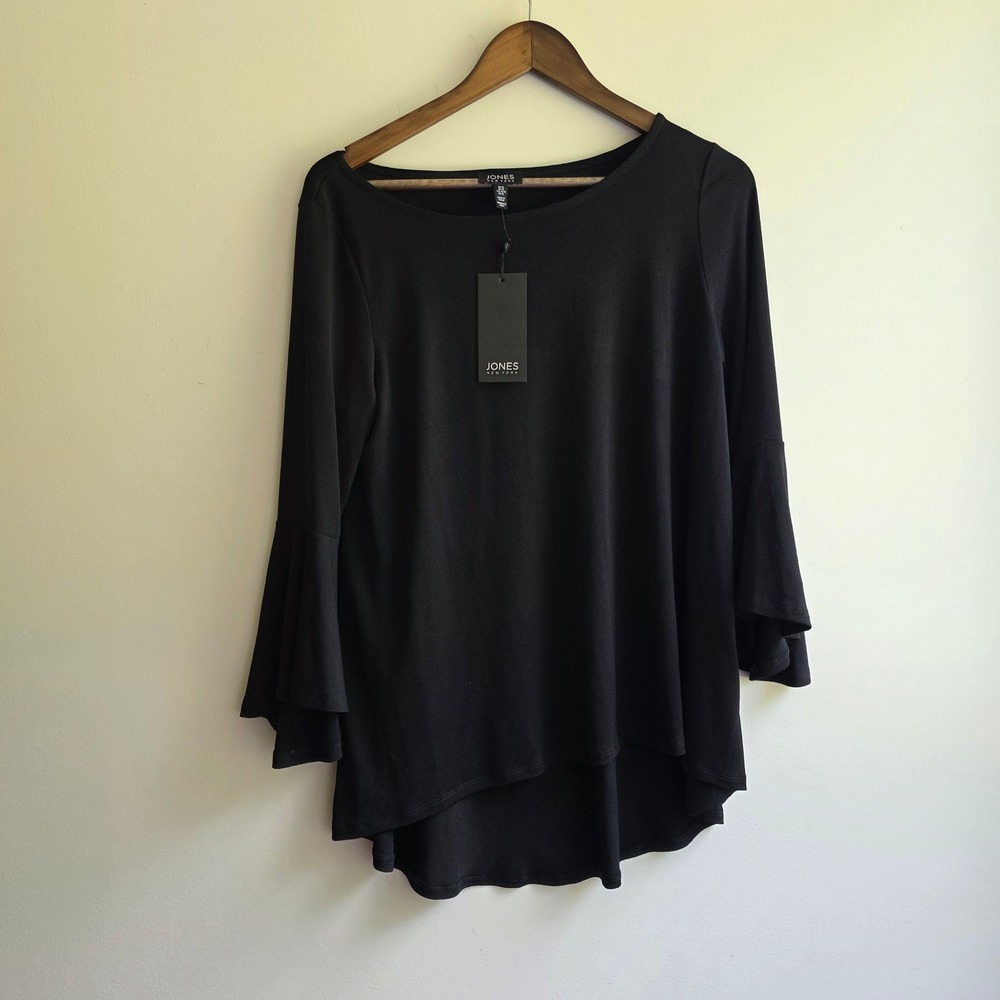 Jones New York Black Bell Sleeve Blouse High Low Hem Witchy Fairy Vamp Top M NWT
